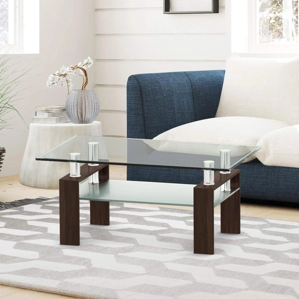 Tavolino da caffè rettangolare in vetro, moderno, tavolino da tè a 2 livelli, tavolino lungo con gambe in metallo, tavolo in vetro per soggiorno, ufficio, 99,5 x 59,5 x 44,5 cm