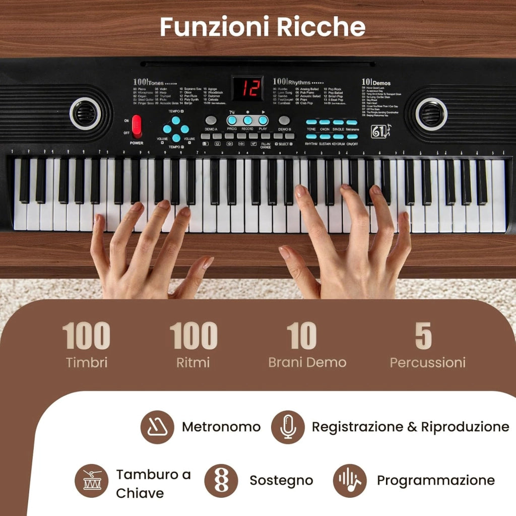 Pianoforte Digitale a 61 Tasti, Pianoforte Elettronica con Supporto, Microfono, Pianoforte Portatile con Adesivi per Tasti e Borsa da Trasporto, per Bambini e Adulti (Nero)