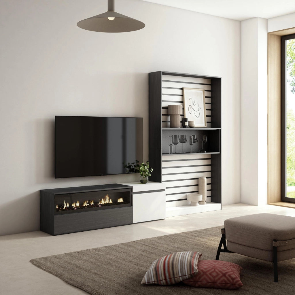 Mobile TV, Soggiorno, 260x35x186cm, Per TV fino a 65", Camino elettrico, Bianco e nero RF2546