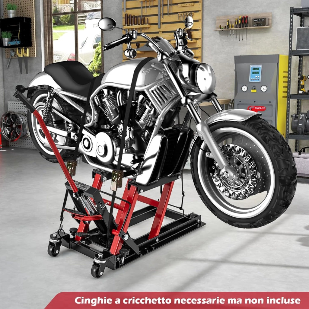 Ponte Sollevatore Idraulico per Moto, Sollevatore Motociclette Fino a 680 kg, Cric Alzamoto con Ruote e Piattaforma Regolabile in Altezza a Pedale Resistente per ATV, UTV per Officina (Rosso)