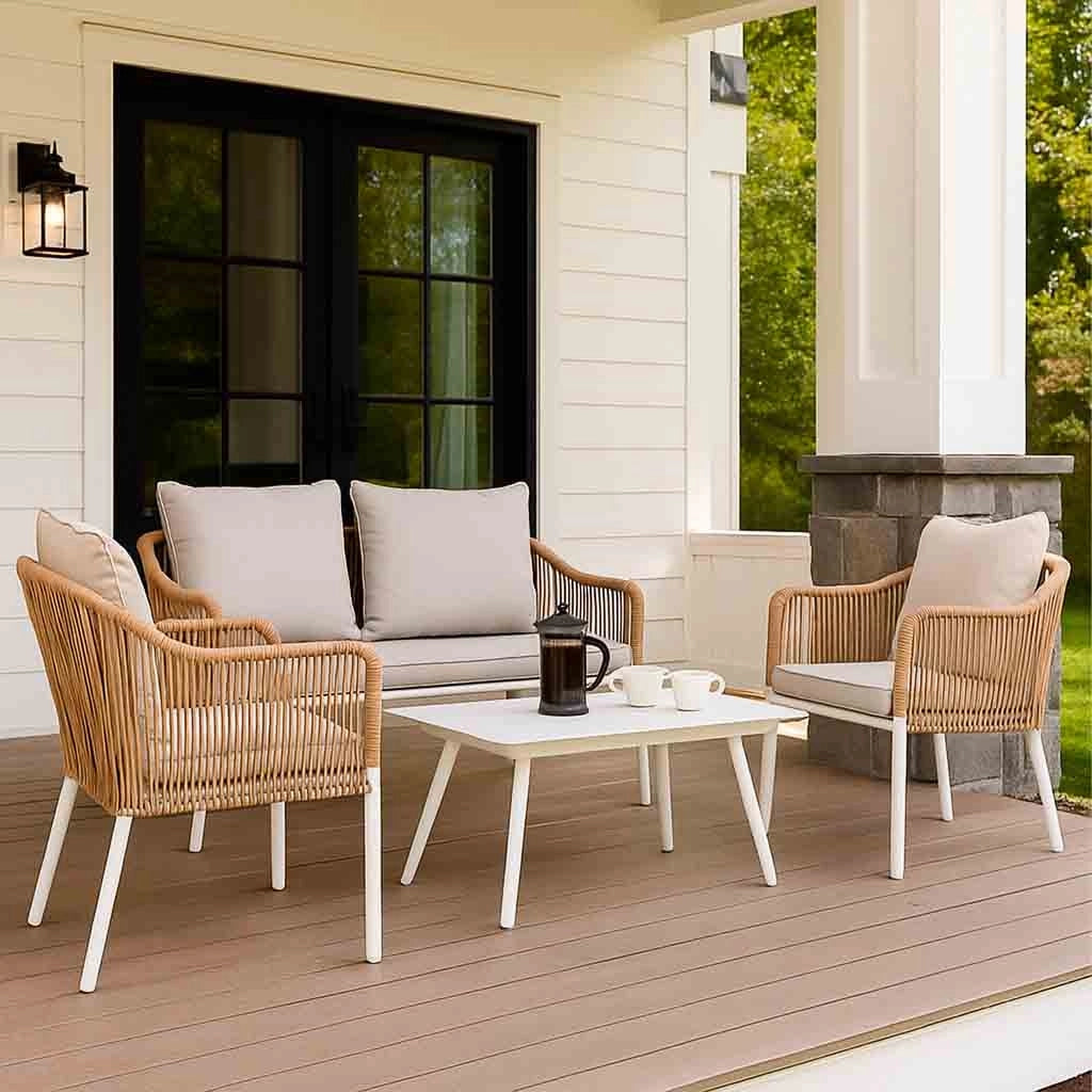 Tavolo, divano e 2 poltrone beige, 110x65x45, 72x79x76, 146x79x76
