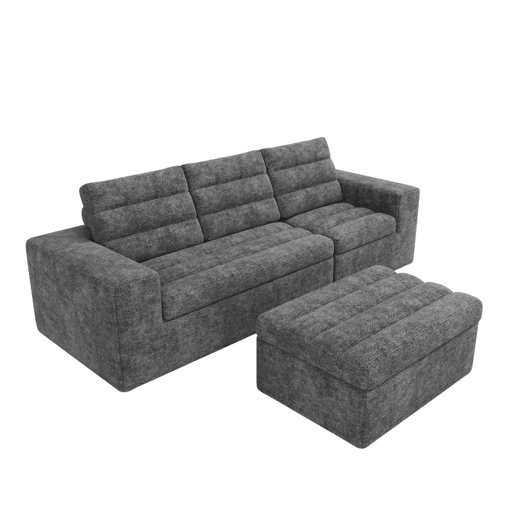 Divano angolare modulare 4 posti - con pouf e cuscini - in chenille - grigio chiaro