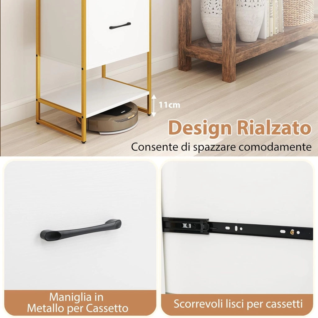 Libreria a 5 Ripiani con Cassetto, Scaffale di Stoccaggio con Struttura in Metallo e Kit Antiribaltamento, Unità Espositiva Autoportante per Camera da Letto Soggiorno, 45x35x160 cm (Bianco)