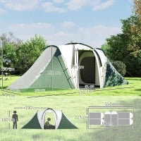 Tenda da Campeggio 4-6 Persone con 2 Camere, in Poliestere e Fibra di Vetro, 555x225x190 cm, Grigio e Verde