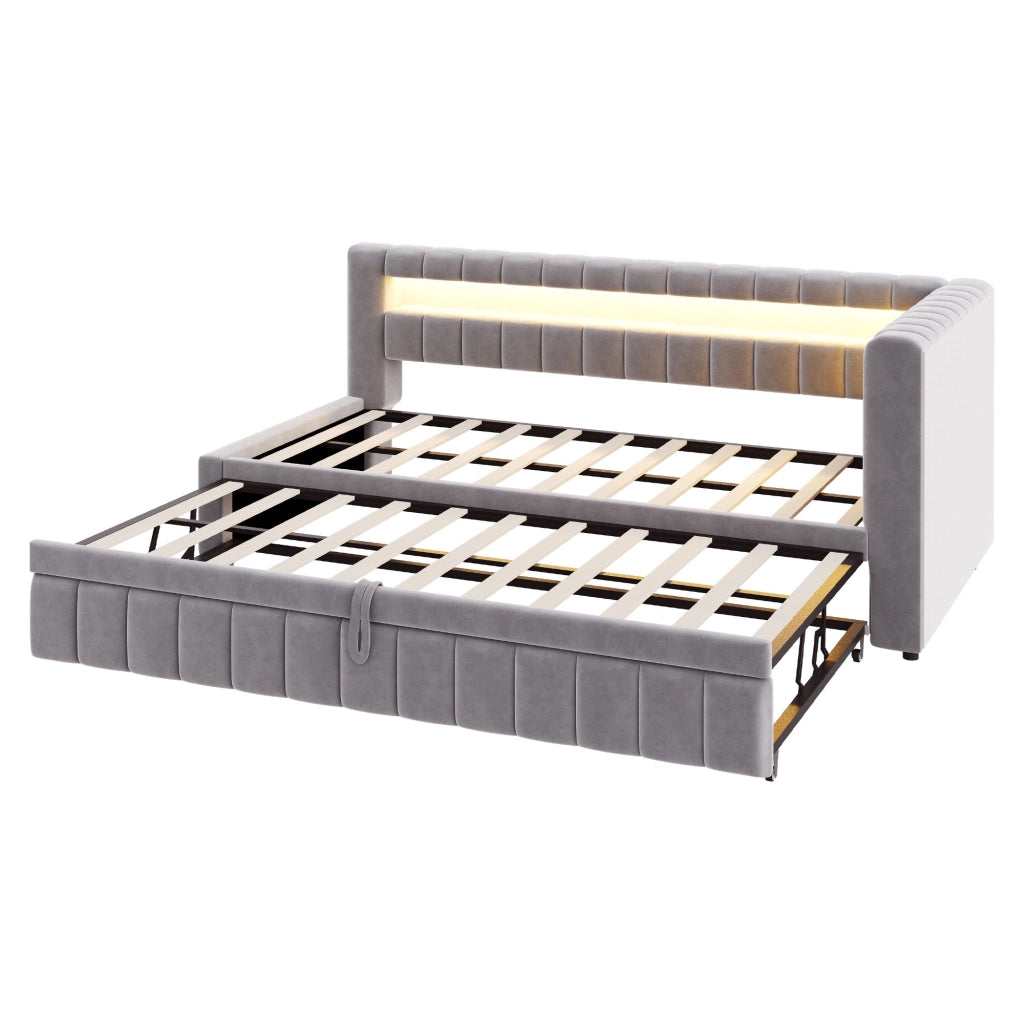 Letto imbottito estraibile 90x200 cm con LED, porte USB e Type-C, velluto grigio chiaro