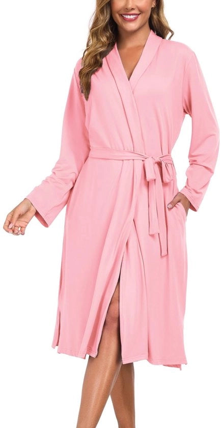Kimono da donna, lunga, leggero, V-collare e lunghe maniche, con tasche, adatto per sauna, spa, surf, viaggi, abbigliamento da casa