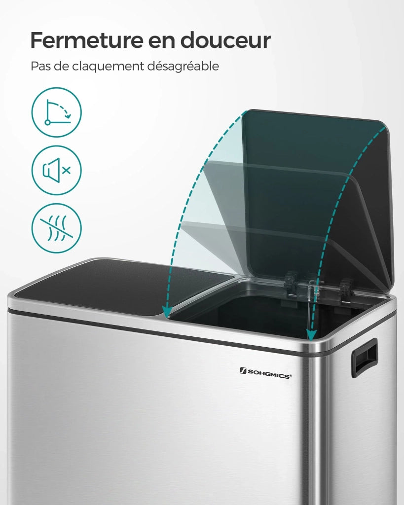 Pattumiera a 2 pedali con doppio scomparto 2 x 30 litri acciaio inox anti-impronta secchio interno in plastica con manico grigio 12_0007156