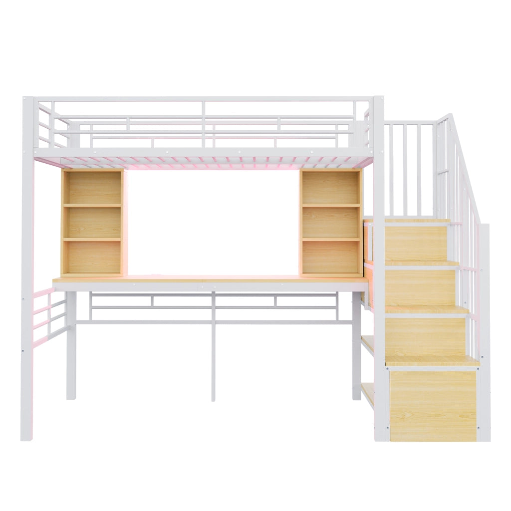 Letto a soppalco multifunzione 90x200 cm con scrivania, scale contenitore, LED multicolore e presa europea, struttura in metallo, bianco