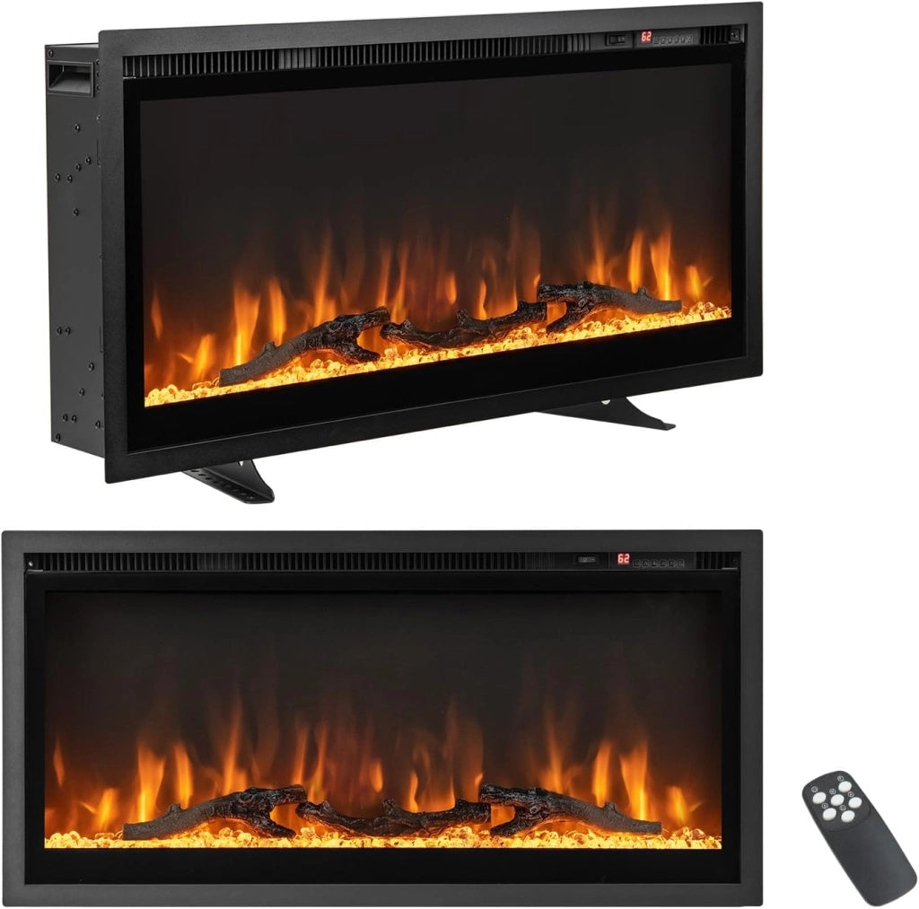 Camino Elettrico da 91,5cm da Incasso a Parete, Caminetto Elettrico da 750W/1500W con Telecomando, Termostato, Protezione da Surriscaldamento, 91,5 x 14,5 x 45 cm