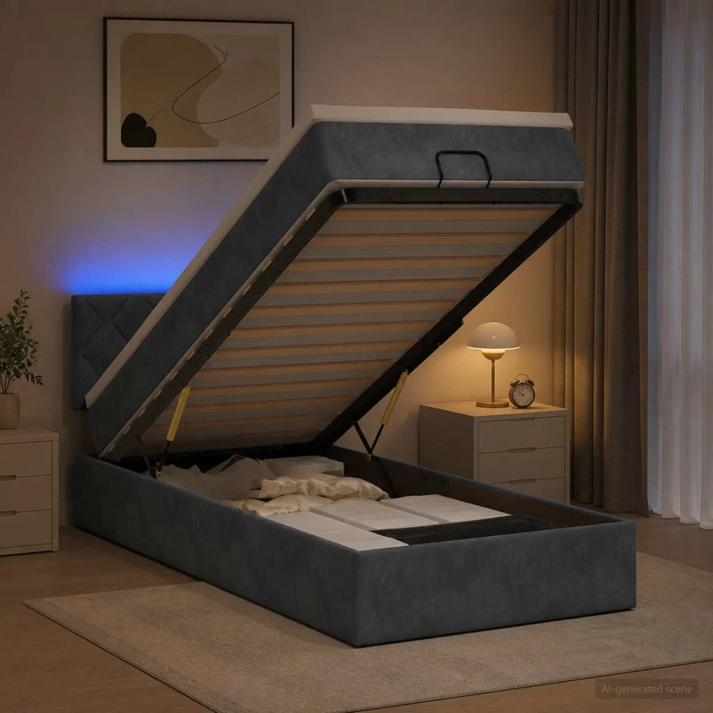 Letto Ottomano con Materasso e LED Grigio Scuro 100 x 200 cm 3457192
