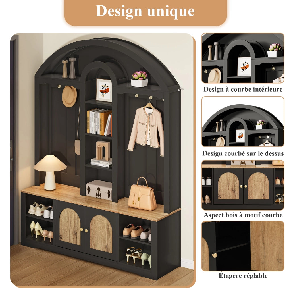 Mobile da Ingresso con 2 Ante; 3 Vani; Ganci e LED per Corridoio in MDF 150 x 40 x 195 cm Nero
