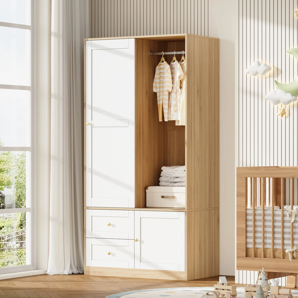 Armadio con porta scorrevole, struttura semiaperta con asta appendiabiti e 2 cassetti, 90×50×180 cm, MDF, Naturale/Bianco