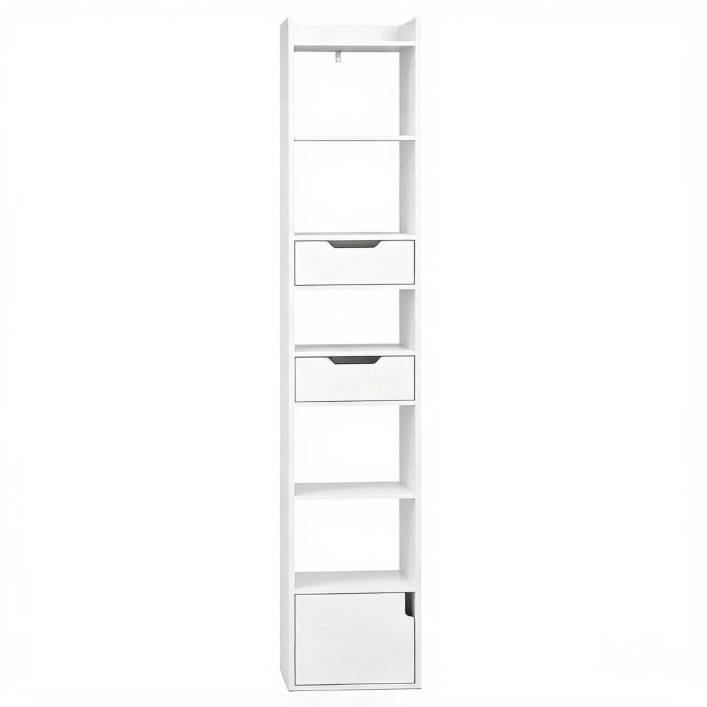 Libreria 33x24x181 cm con 6 ripiani e 2 cassetti in legno bianco