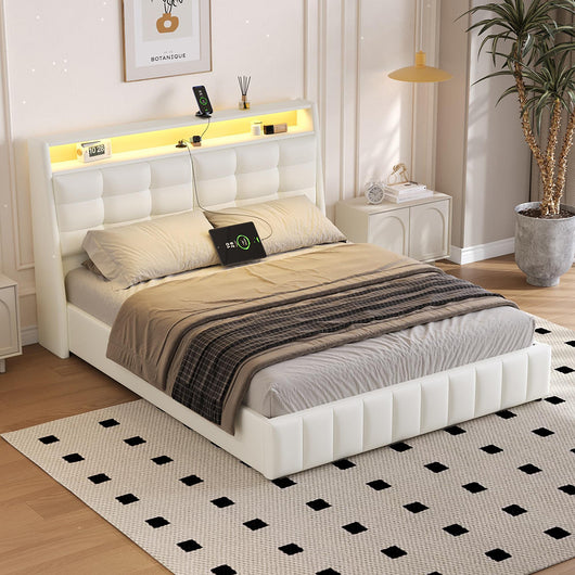 Letto 160x200cm imbottito - Xylo - LED USB testiera regolabile bianco