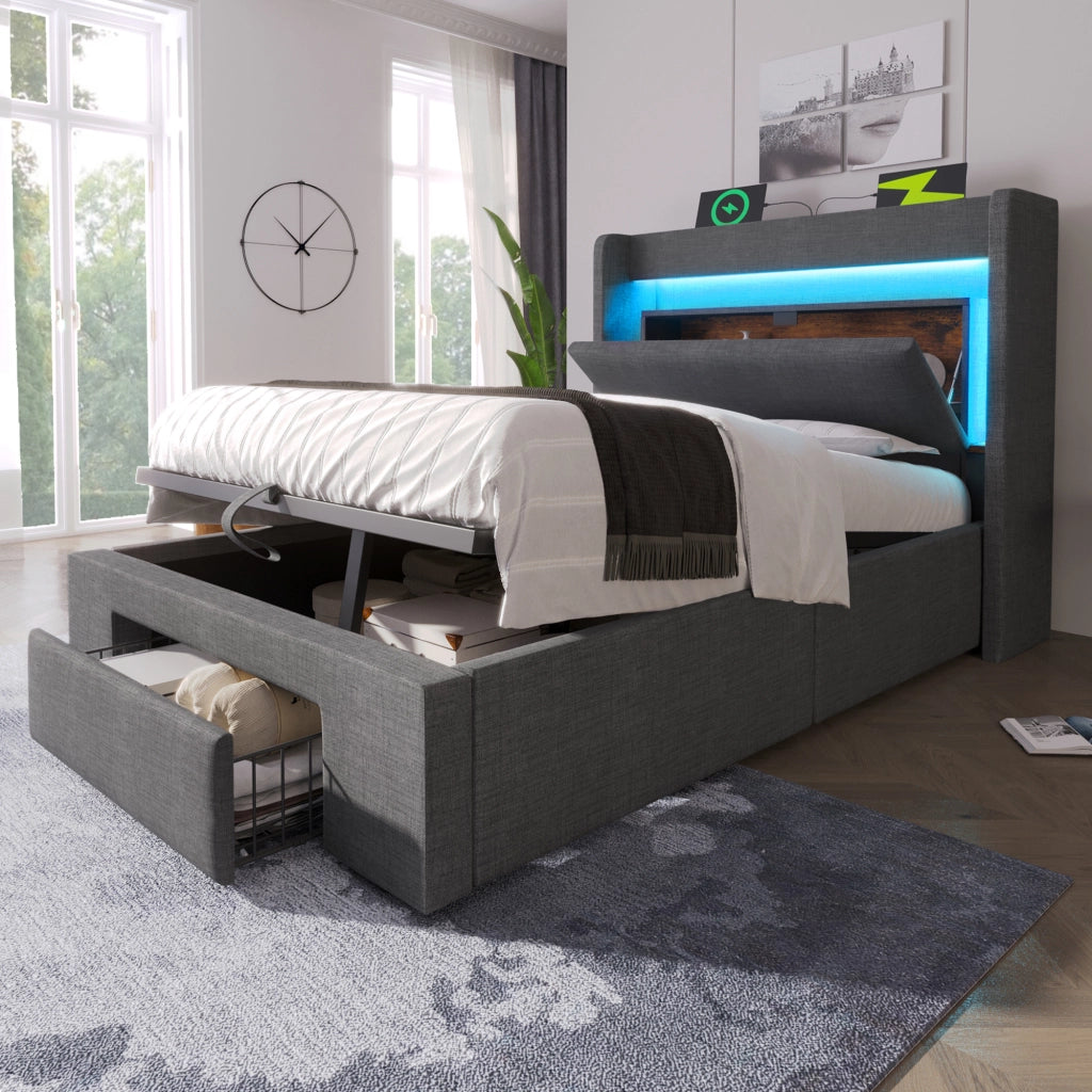 Letto imbottito 90x200 cm con contenitore idraulico, testiera con vani e ricarica USB/USB-C, LED e materasso incluso, grigio