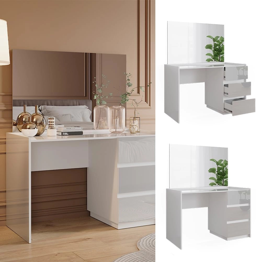 Vicco Tavolo da toilette Marla, Bianco lucido, 120 cm con 3 cassetti e specchio