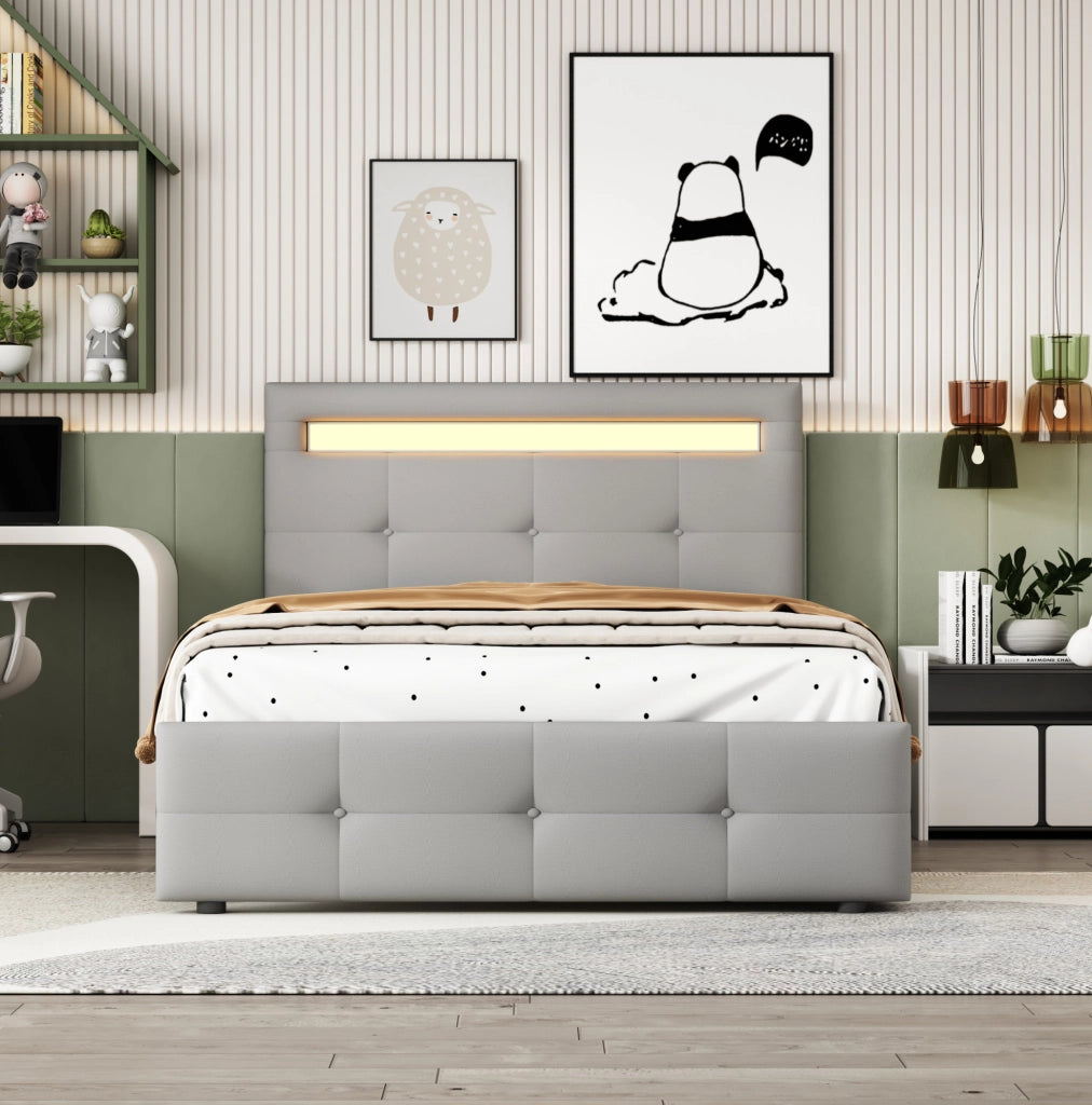 Letto singolo 90x200 cm imbottito con LED e 2 cassetti; grigio