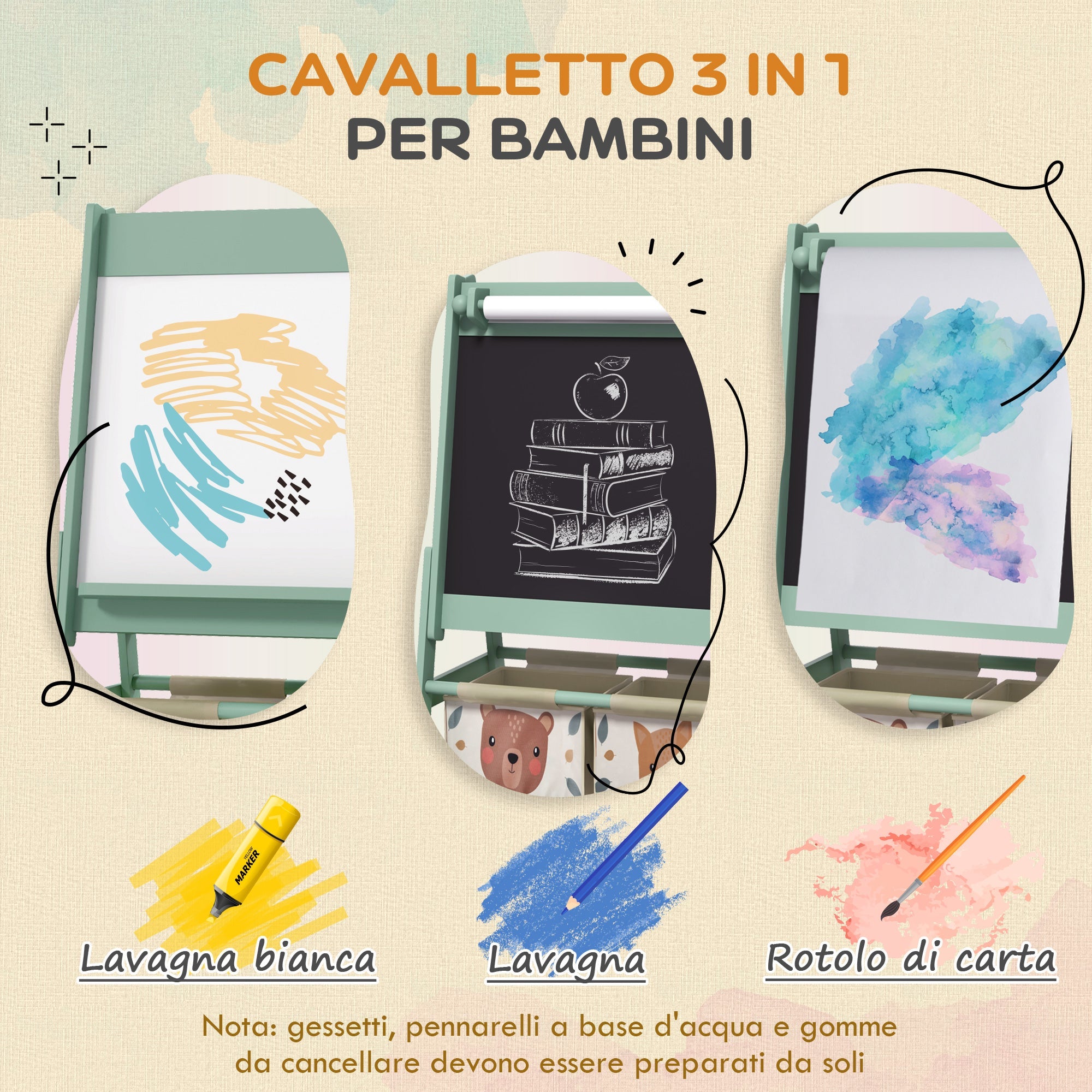 Lavagna per Bambini 3 in 1 54x46,5x93 cm con Cavalletto Verde