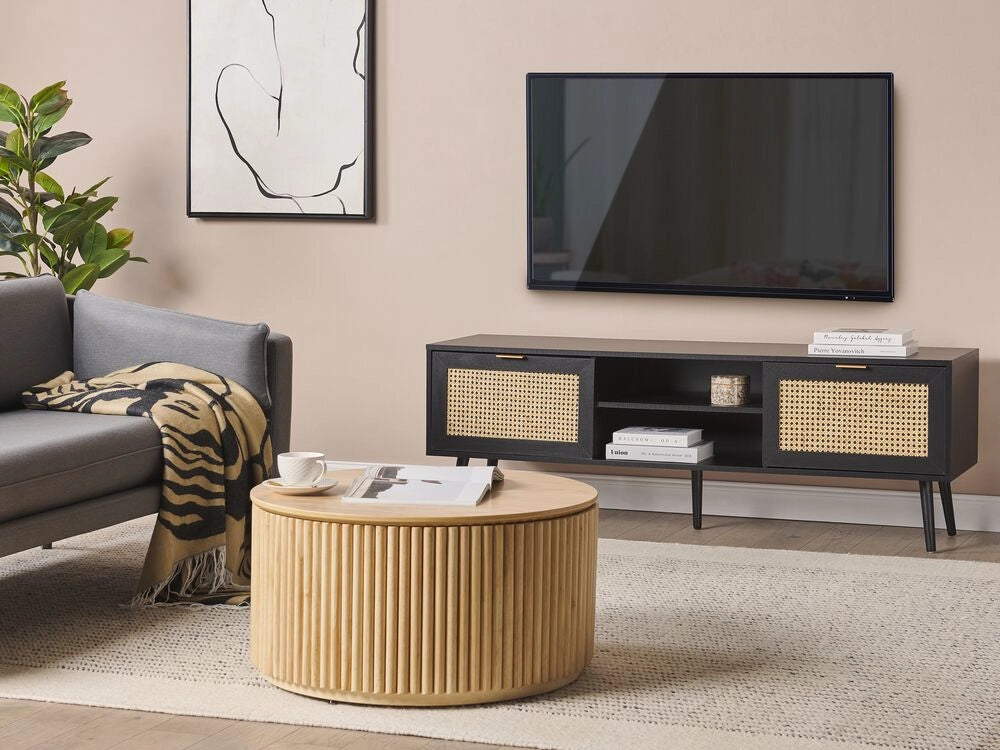 Porta TV in legno di manifattura nero con frontali in rattan e intreccio di vimini Gambe in legno di gomma nero 2 armadietti scaffali aperti Credenza in stile boho Soggiorno