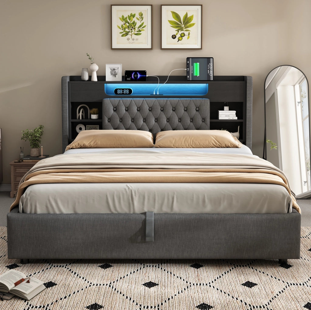 Letto matrimoniale 180x200 cm con contenitore idraulico; LED; USB e USB-C; in lino grigio