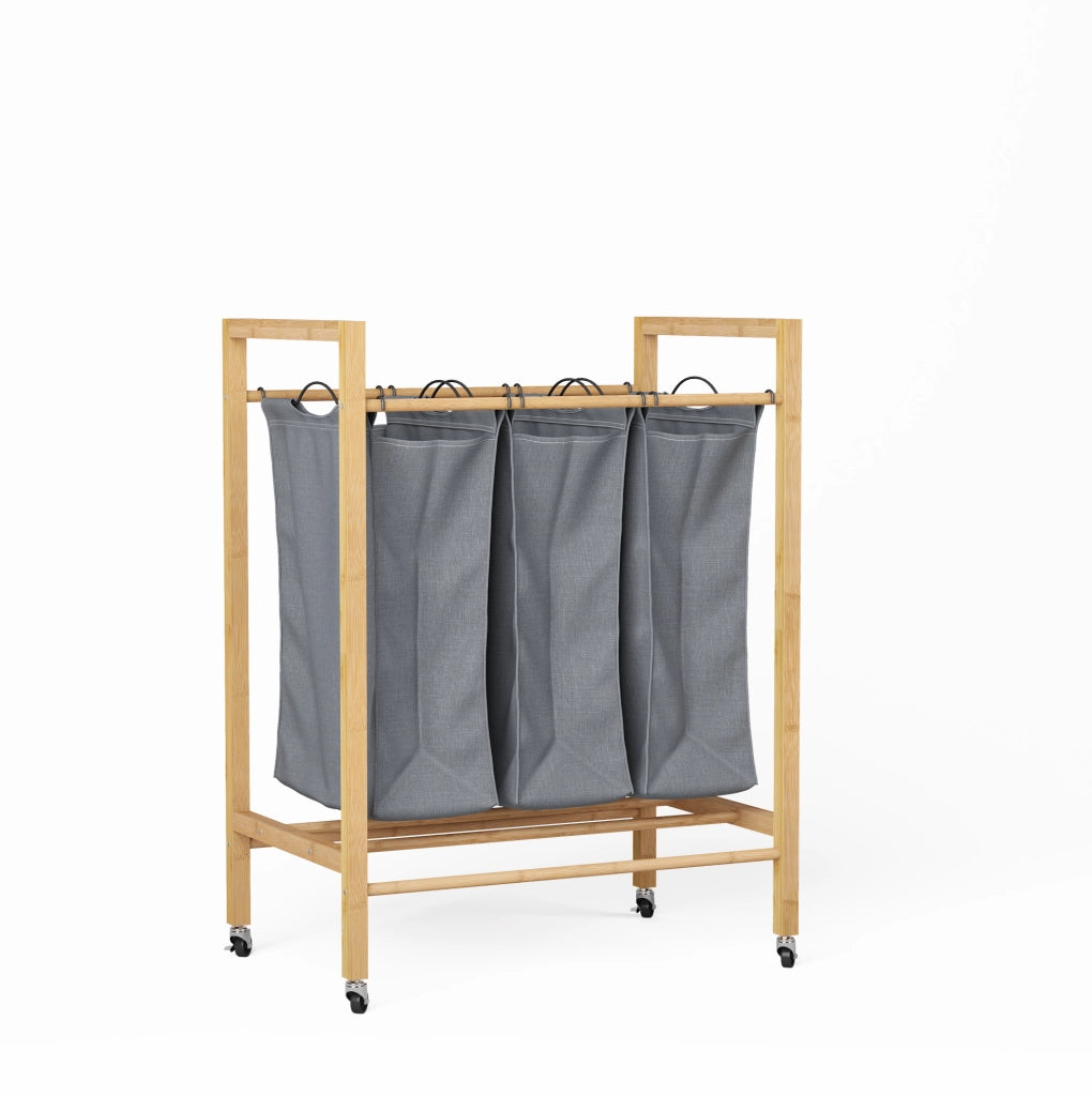 Cesto portabiancheria 83x62x40 cm con 3 scomparti; ruote e sacco rimovibile in bamboo; naturale e charcoal