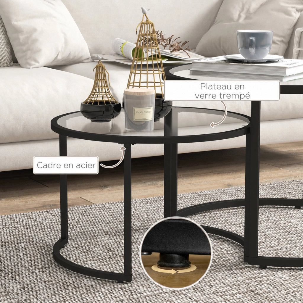 Set 2 tavolini ULEVR in vetro temperato e acciaio nero, ?70 e ?54 cm, parzialmente sovrapponibili