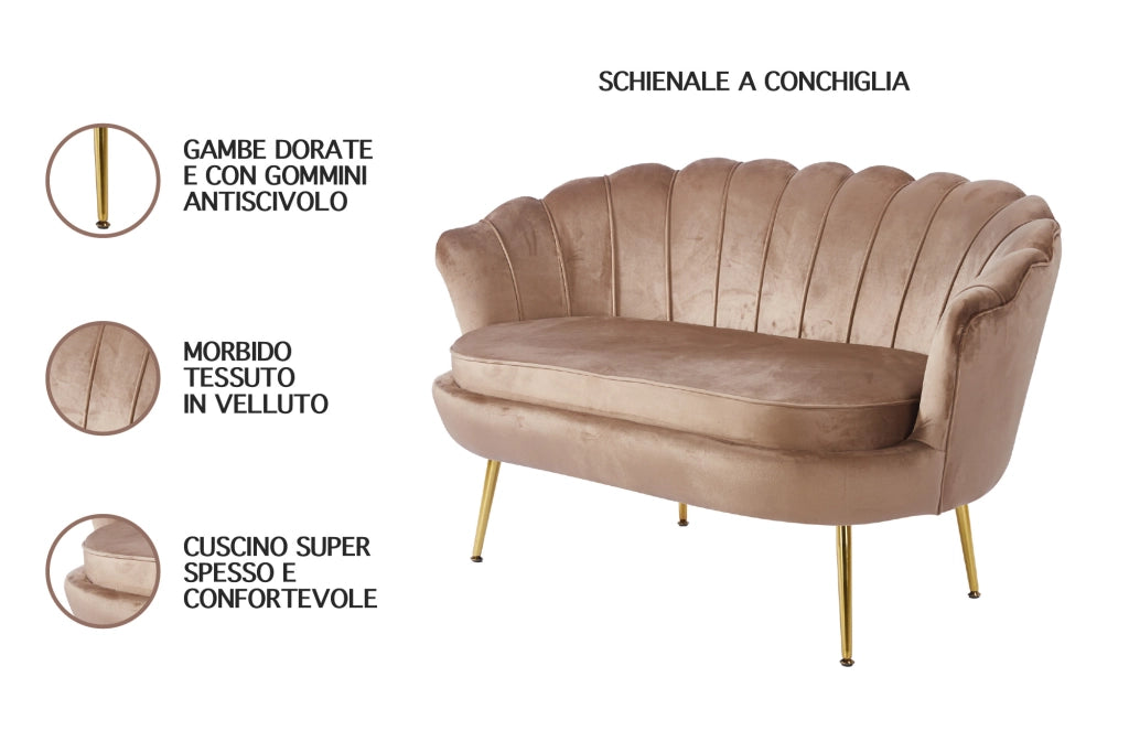 Divano Due 2 Posti In Velluto Forma Conchiglia Gambe In Metallo 133x63x75 Cm Camera Soggiorno Ufficio  Tortora