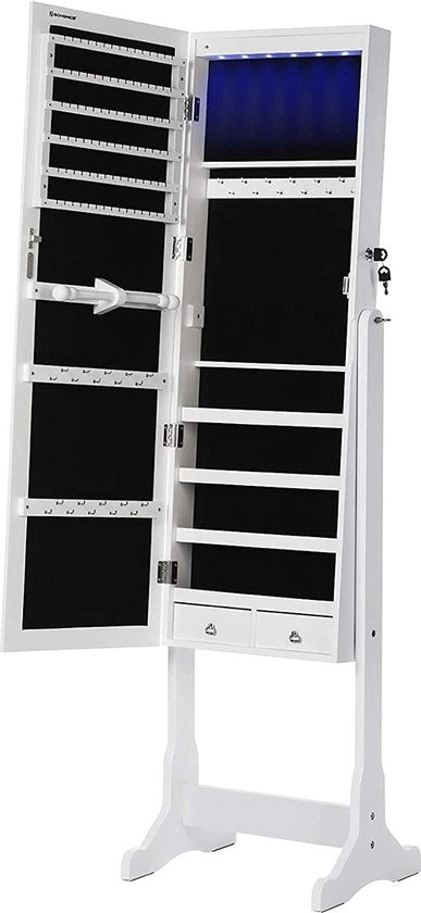 Cassettone per gioielli - Cassettone per gioielli in piedi - Con illuminazione a LED - Con specchio - Bianco