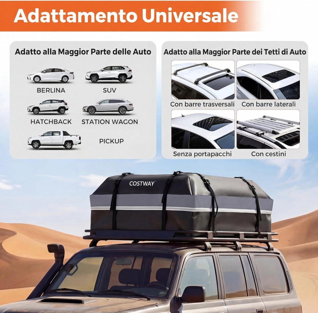 Borsa da Tetto per Auto, Box Portapacchi con Impermeabile e Alta Adattabilità, Baule con Tappetino Antiscivolo, Striscie Riflettenti, Lucchetto e 8 Corde di Fissaggio (450 L,Grigio)