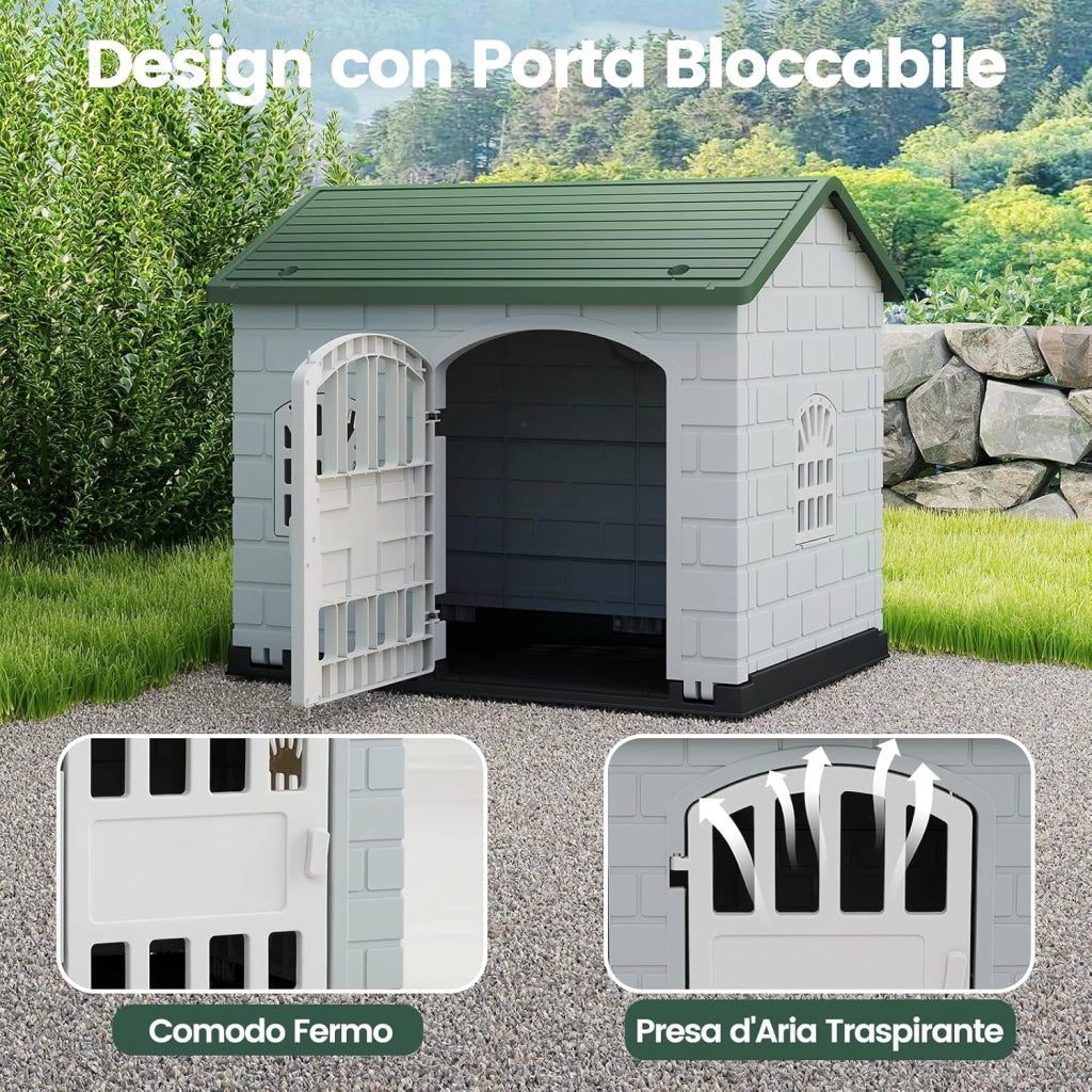 Cuccia per Cani da Esterno ed Interno, Cassetta per Cani con Porta Bloccabile, 3 Finestre e Tetto Inclinato, Cucce per Cagnolino in Plastica Impermeabile (Verde)
