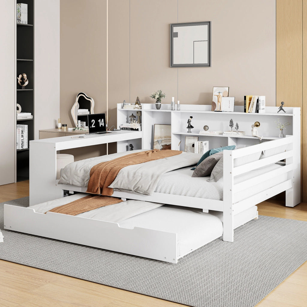 Sofa letto 140x200 cm con letto estraibile; ripiani e presa in legno bianco