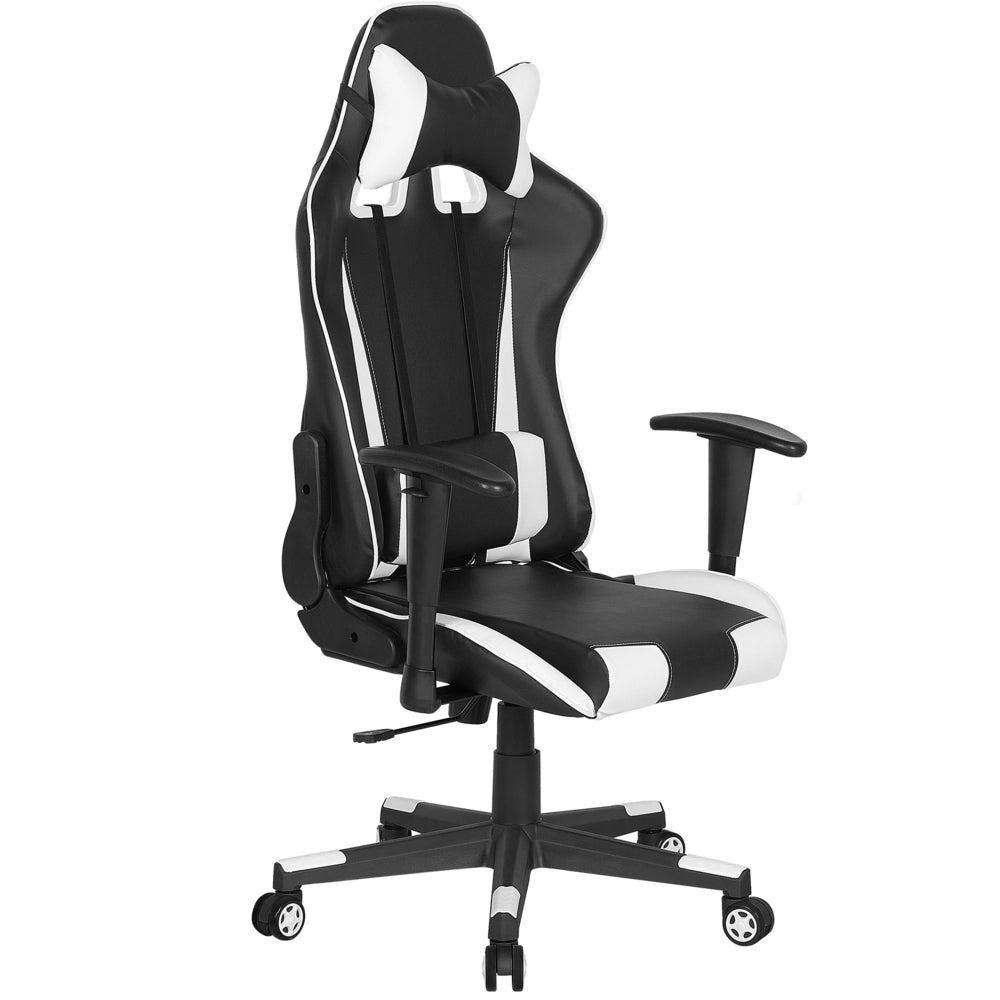 Sedia da gaming in ecopelle nera con braccioli reclinabili bianchi regolabili in altezza Supporto lombare poggiatesta Sedia da ufficio