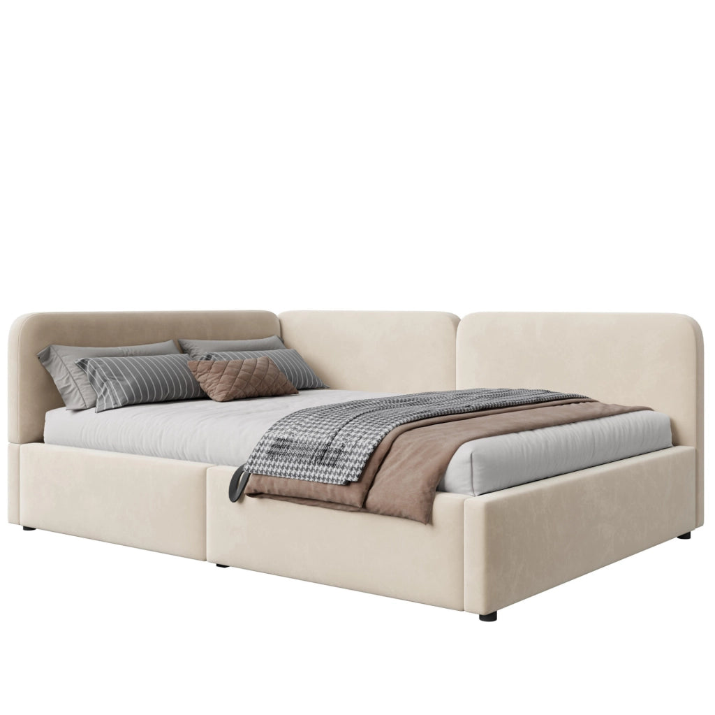 Letto divano imbottito 140x200 con vano contenitore idraulico beige