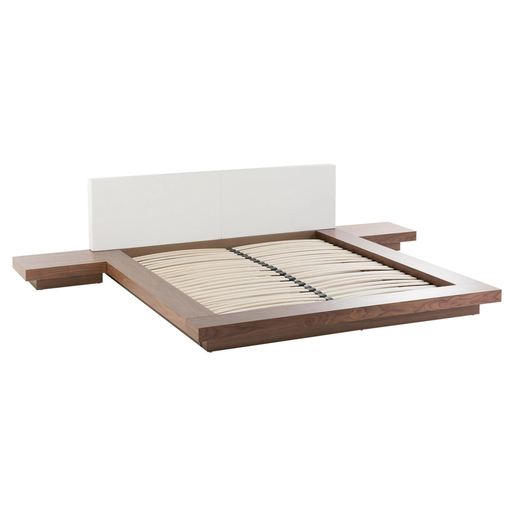Letto LED in stile giapponese in frassino marrone 160 x 200 cm testata in legno impiallacciato MDF testata in pelliccia sintetica