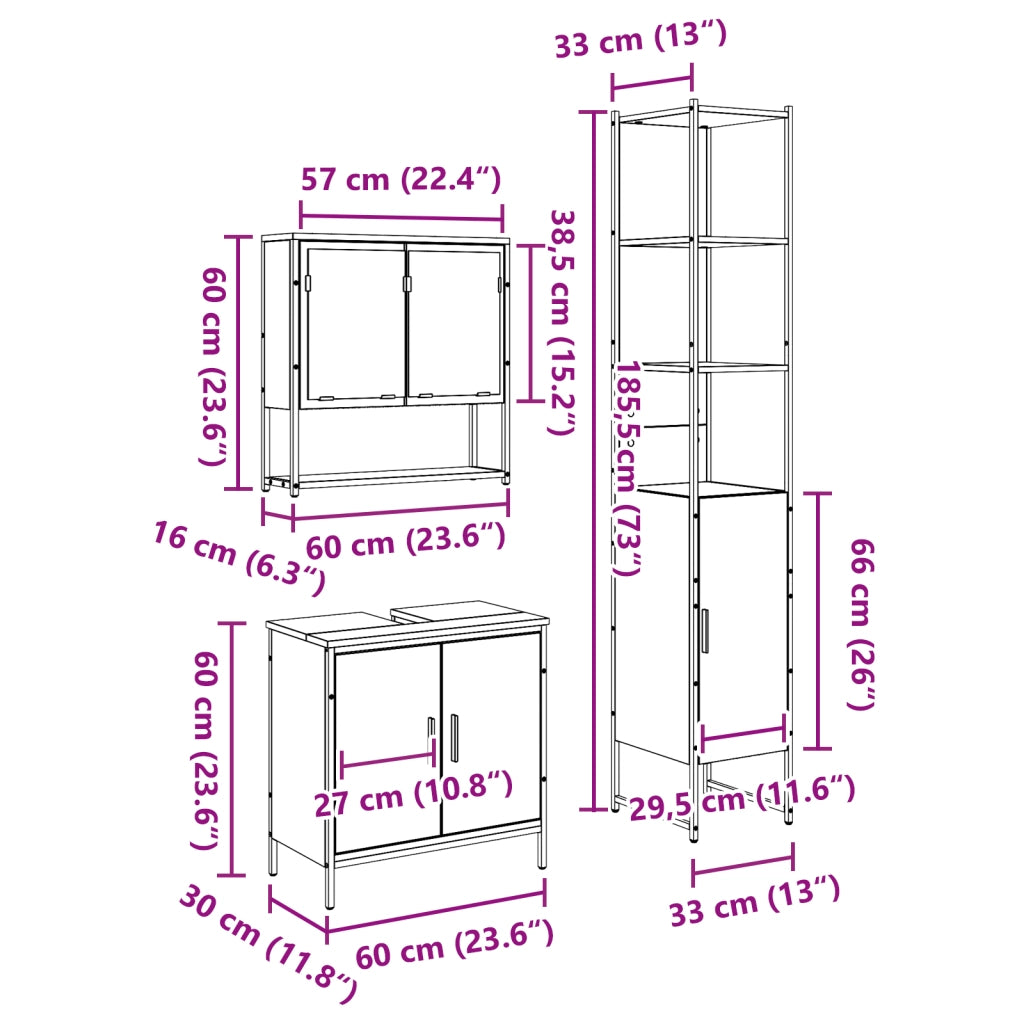 Set di mobili per bagno a 3 pezzi in legno vecchio