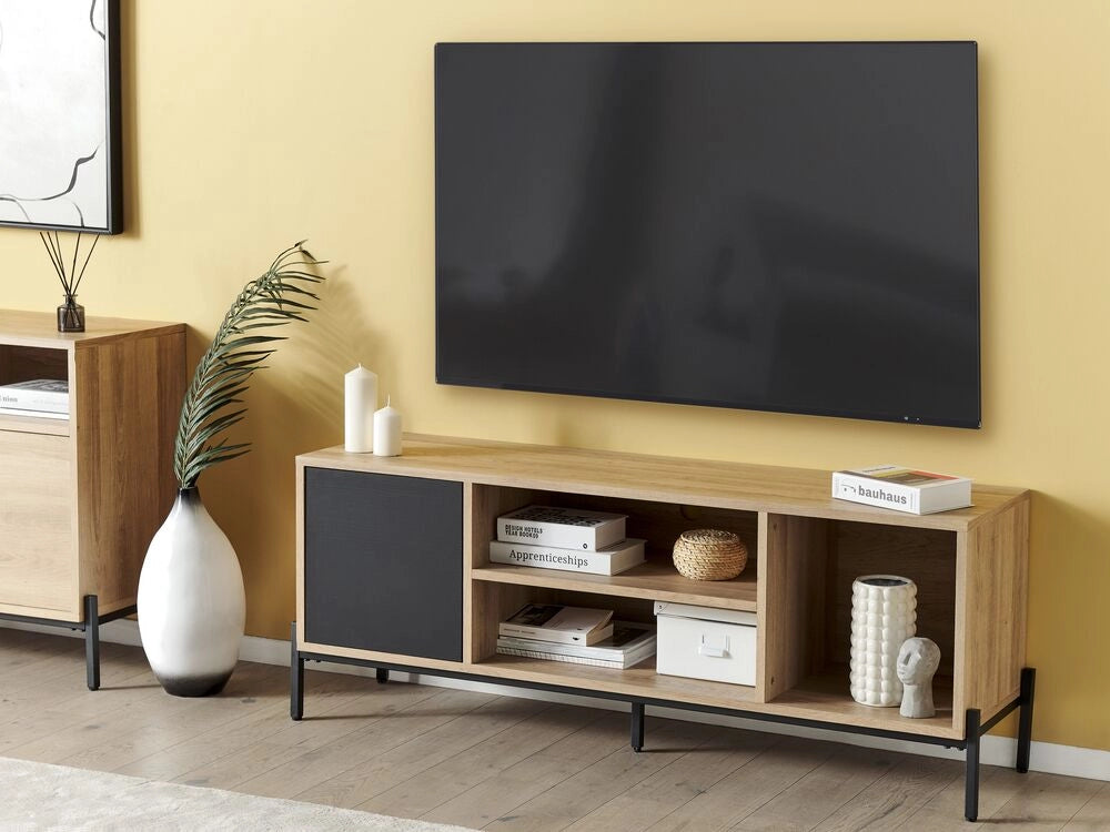 Porta TV Finitura in legno chiaro e carta MDF grigia 1 mobile 2 ripiani aperti Contenitore a ripiano basso