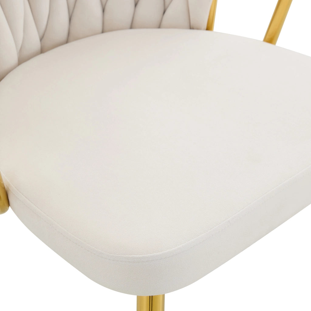 Sedia da pranzo, rivestimento in velluto, schienale intrecciato, struttura in metallo, ergonomica, color beige e dorato
