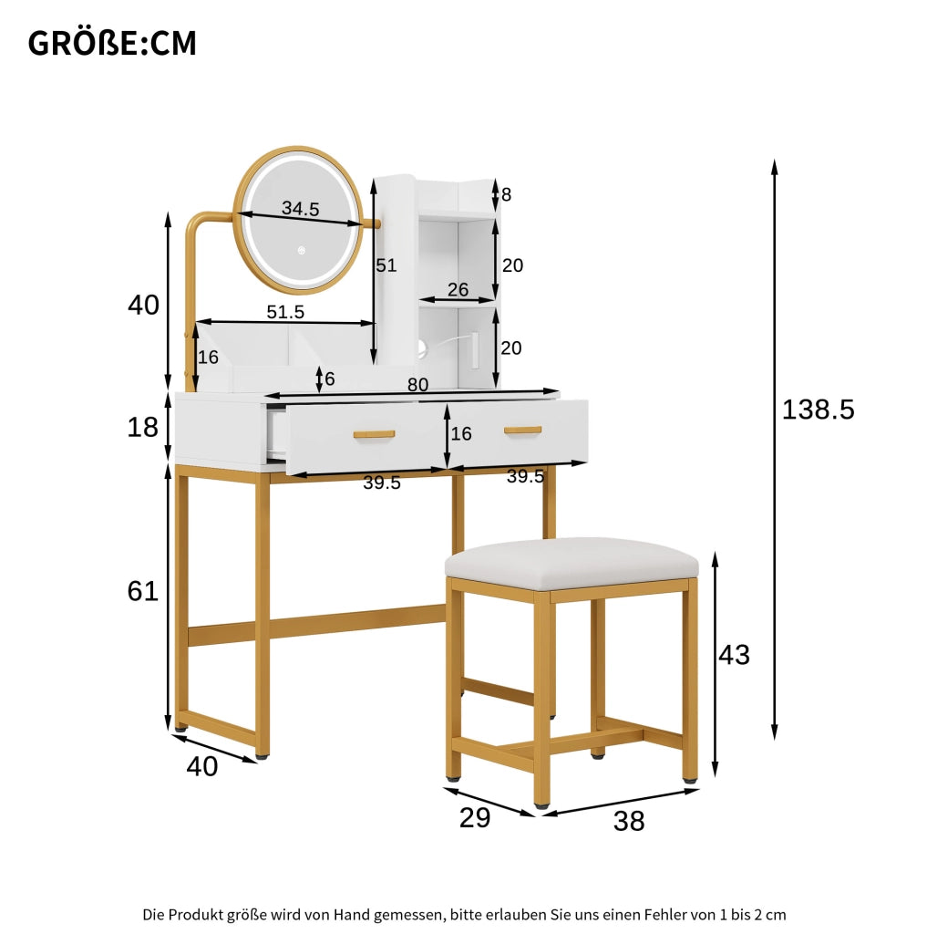 Toeletta moderna con specchio HD, LED regolabile, prese integrate e sgabello