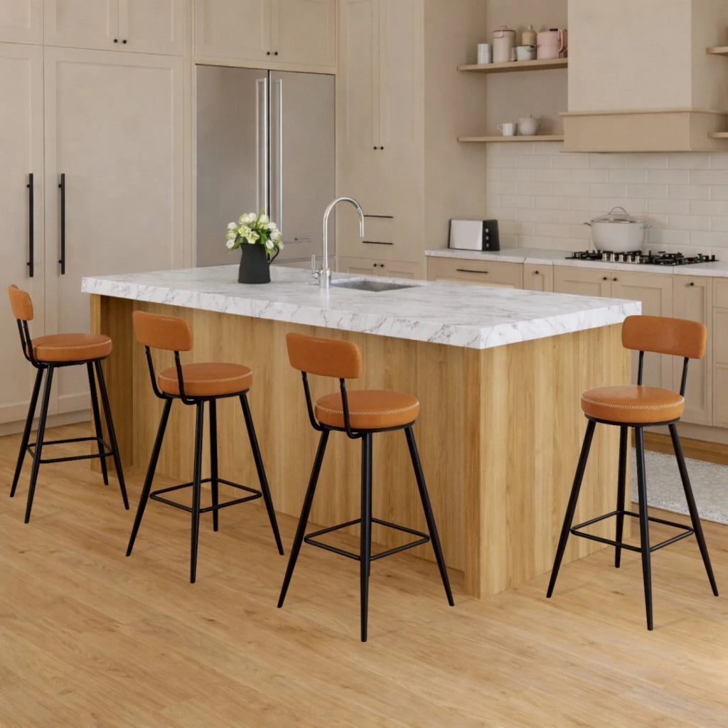 IDMarket - Set di 4 sgabelli da bar ISAURE in PU marrone con cuciture e gambe in metallo nero