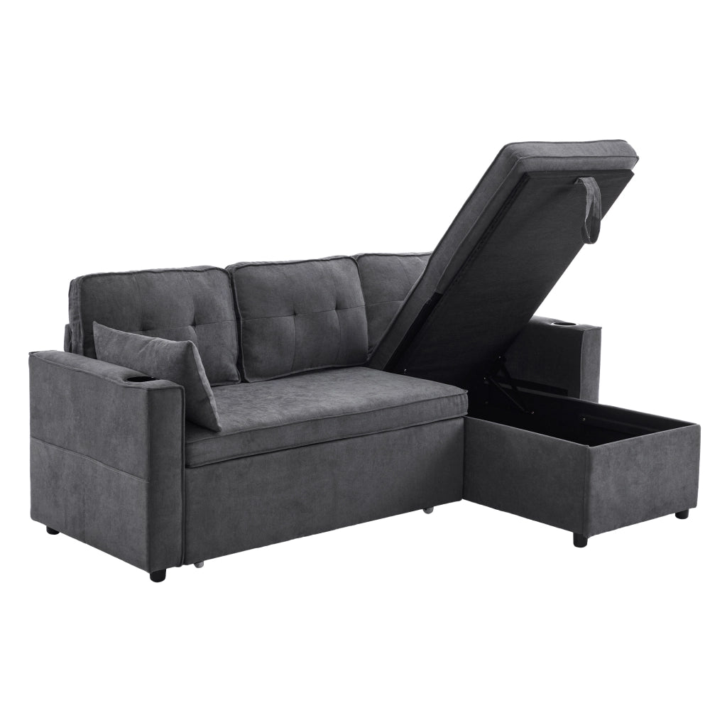 Divano letto con chaise longue reversibile; contenitore e portabicchieri in cotone e lino grigio