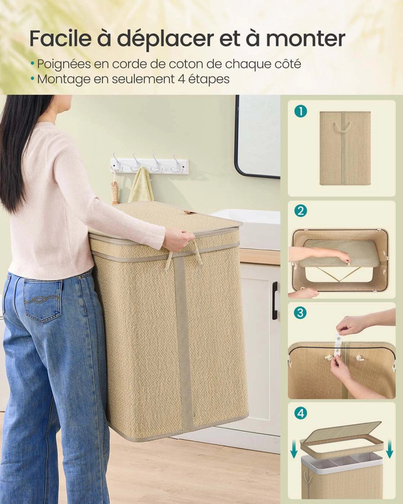 Cesto portabiancheria in bambù cesto per biancheria sporca da 90 litri sacco rimovibile e lavabile in lavatrice coperchio manici lavanderia camera da letto soggiorno beige 12_0006717