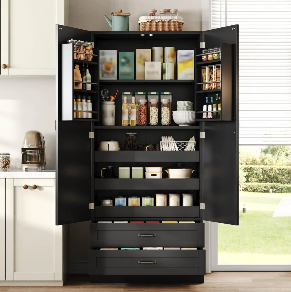 Mobile alto da cucina nero in MDF con ripiani estraibili