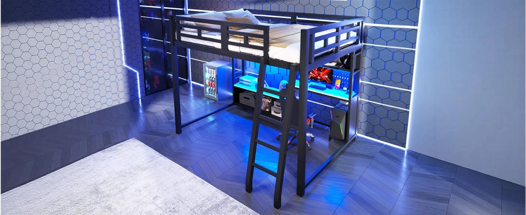 Letto a soppalco 140x200 in metallo nero con scrivania gaming e mensole
