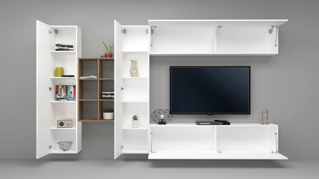 Parete attrezzata Agna, Set salotto porta TV a 4 ante, Mobile soggiorno multiuso, 100% Made in Italy, cm 280x30h180, Bianco lucido e Acero