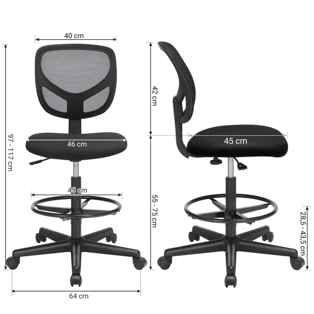 Sgabello con poggiapiedi circolare regolabile in altezza seduta ergonomica girevole sedia da ufficio senza braccioli rivestimento in tessuto portata massima 120 kg nero 12_0007702