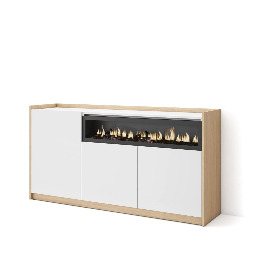 Credenza, Mobile, Cucina, 156x80x37 cm, 3 Porte, Camino elettrico, Bianco e Rovere soft