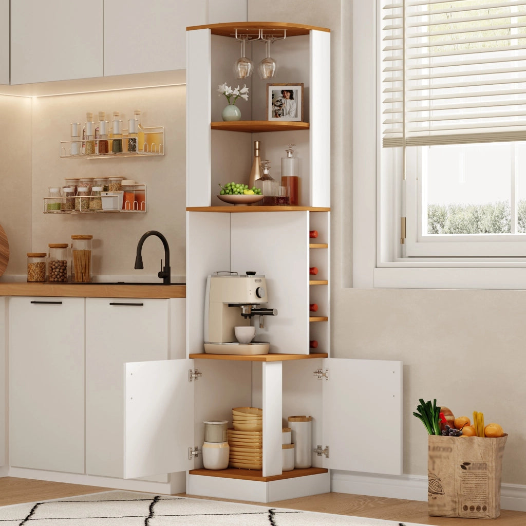 Credenza angolare salvaspazio 40x40x182 cm con portabicchieri, vani per vino e mobiletto chiuso, bianco