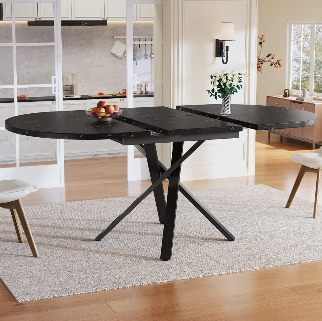 Tavolo rotondo allungabile effetto marmo 100/140 cm in MDF e metallo nero