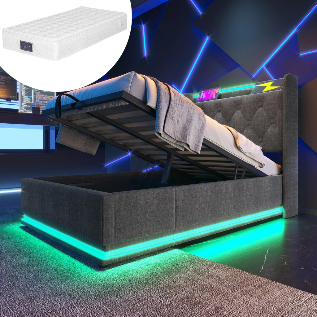 Letto imbottito 90x200 cm con LED, USB e materasso incluso