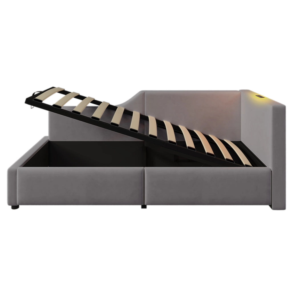 Letto imbottito daybed 90x190 cm con contenitore idraulico, lampada da lettura e porta USB-C, velluto grigio